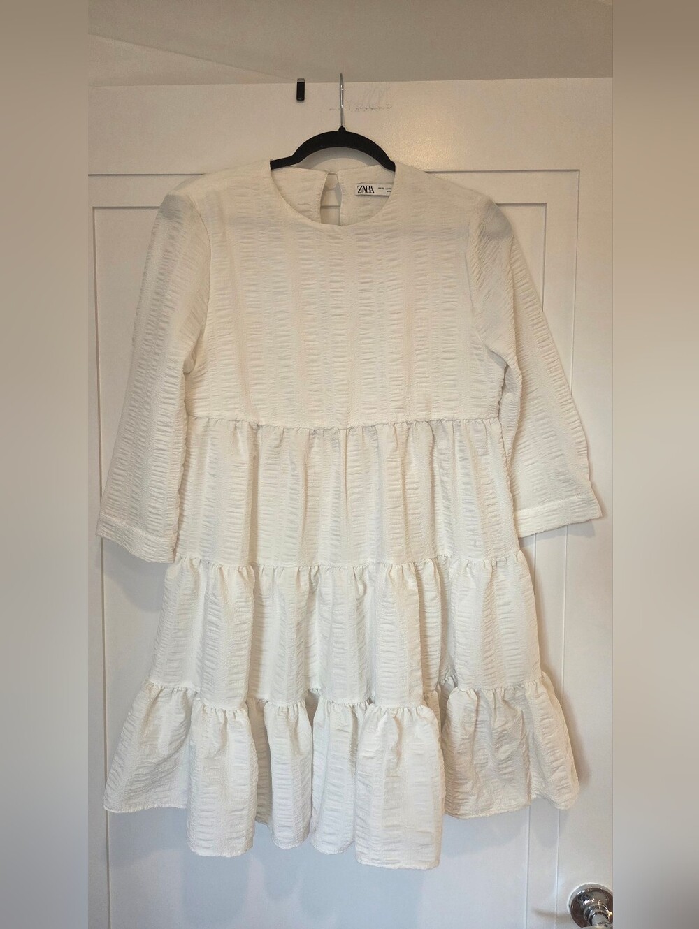 Zara Babydoll Cream Textured Tiered Long-Sleeve Dress